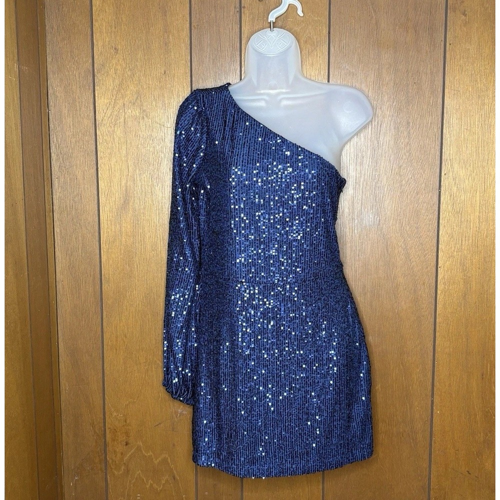 1.STATE Dress Women's S Blue Sequin One Shoulder Mini Cocktail Party NYE Disco